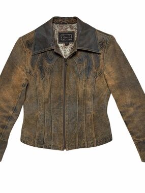 Vintage Y2K Guess Brown Leather Jacket with Pockets Western Boho Size M Earthy